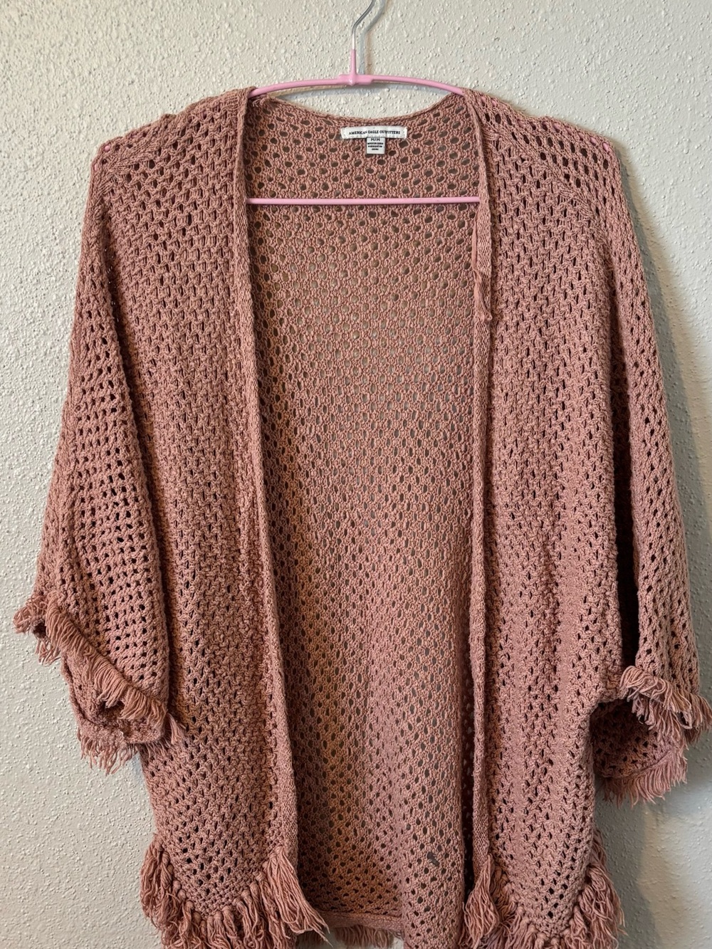 American Eagle Outfitters Open-Knit Fringe Cardigan - Mauve Pink
